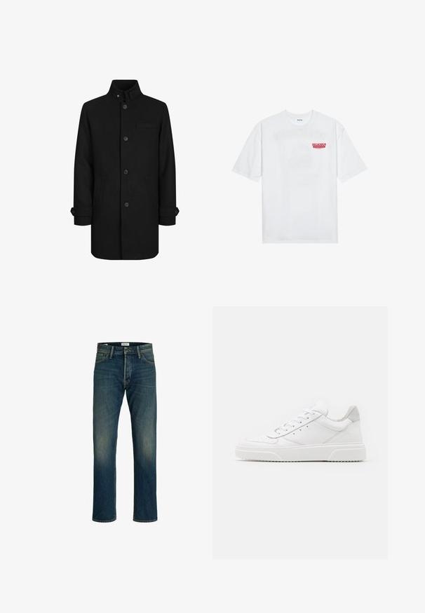 Fekete gyapjú keverék kabát magas gallérral, elől gombos záródással, két oldalsó zsebbel és egy mellzsebbel. Az ujjakon mandzsetta részletezés található.; Fehér pamut póló, rövid ujjakkal, kerek nyakkal, elöl piros grafikus felirattal: "ÍZLETES FRESKÉLŐ GYÜMÖLCS".; Középkék mosású farmernadrág, egyenes szárú szabással, klasszikus öt-zsebes dizájnnal és enyhe kopással a combokon a textúra érdekében.; Fehér bőr sportcipő sima felülettel, kerek orral, lapos fűzőkkel és textúrált talppal. Szürke velúr díszítés a saroknál.