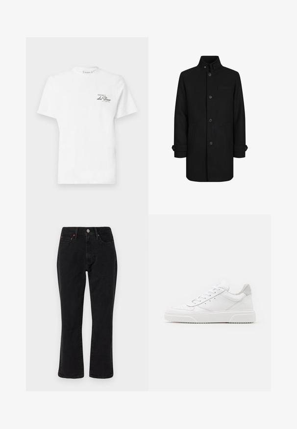 Sort uldblandingsfrakke med høj krave, knaplukning foran, to sidelommer og en brystlomme. Har manschetdetaljer ved ærmerne.; Hvid bomulds t-shirt med rund halsudskæring, korte ærmer, med et lille sort trykt logo på venstre bryst. Blød tekstur, standard pasform.; Sorte denim jeans med lige ben, fem lomme-design og metalhardware med kobberdetaljer. Glat tekstur og mellem høj midt.; Hvide lædersneakers med en glat finish, rund tå, flade snørebånd og en struktureret sål. Grå ruskindsdetalje ved hælen.