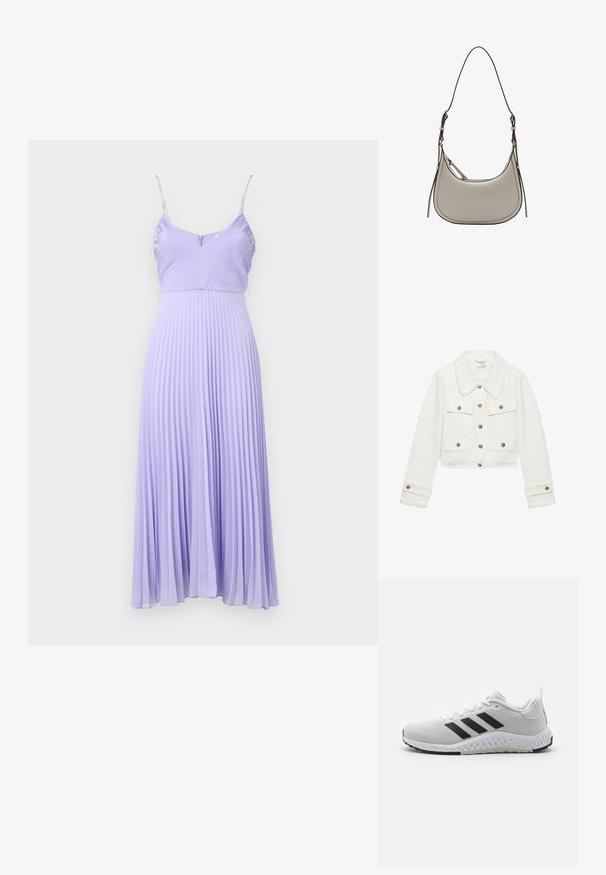 Bílá zkrácená bunda vyrobená z texturované tkaniny, s límcem podšitým kožešinou, kovovými knoflíky a dvěma předními kapsami se klopovými uzávěry.; Fialové plisované šaty s tenkými ramínky, přiléhavým korzetem a rozšířenou sukní, která sahá do poloviny lýtek. Texturovaná látka vytváří vertikální linií.; Bílé sportovní boty s černými pruhy, síťovinovým svrškem, gumovou podrážkou a texturovanými detaily. Mají zaoblenou špičku a polstrovaný límec.; Mango Taška s příčným popruhem - off-white