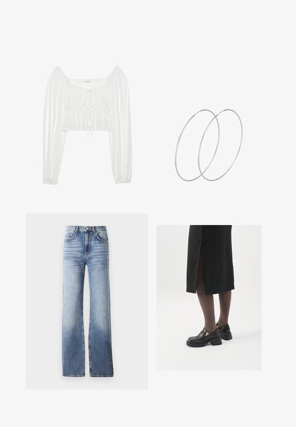 Puffet jakke i dæmpet grøn, med høj krave, aftagelig hætte og trykknapper. Glat tekstur med quiltede panel detaljer.; Hvid cropped bluse med lange, puffede ærmer. Har en rynket front og snøre detaljer ved udskæringen. Glat, letvægtigt stof.; Lysblå denimjeans med høj talje, bred bukseben og subtilt slid. Har knaplukning og fem-lomme design.; Sorte lædersko med rund tå, kraftig blokhæl og elastiske sideaccentuer, parret med mørke strømpebukser og en sort nederdel med slids.; Sølvøreringe med et minimalistisk design. Cirkulær form, glat tekstur og tynd profil. Letvægtige med en poleret overflade.