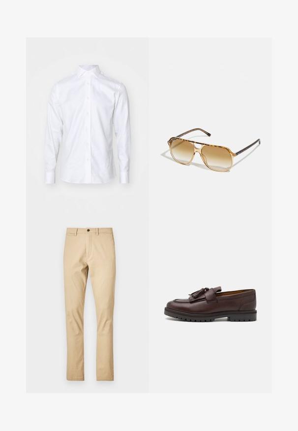 Marineblauer Wollmantel mit doppelt geknöpften Knöpfen, breiten Revers und seitlichen Taschen. Verfügt über ein karierter Innenfutter. Strukturierte Silhouette.; Weißes Langarm-Hemd aus Baumwolle mit klassischem Kragen, Knopfleiste und gesteckten Manschetten. Glatte Textur, minimalistisches Design.; Beige Baumwollhose mit geradem Schnitt, ausgestattet mit einem Knopfverschluss, Gürtelschlaufen und einer glatten Textur. Keine sichtbaren Muster oder Akzente.; Zign Business-Slipper - brown; Sonnenbrille im Schildpatt-Design mit rechteckigem Rahmen, braunem Verlaufsglas und schlanken schwarzen Bügeln mit dezenten Logo-Akzenten.