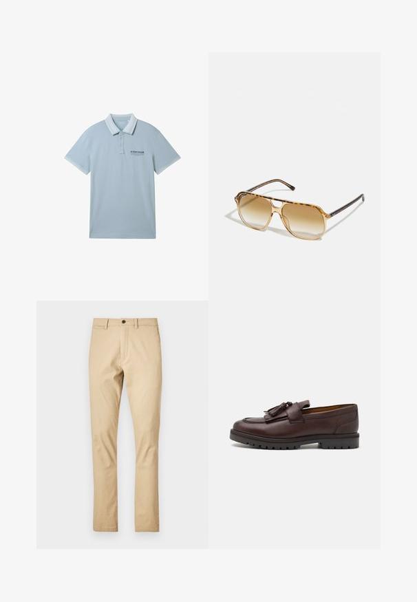 Mornarsko volneno plašč s dvojno zadrgo, širokimi reverji in stranskimi žepi. Ima karo podlogo. Strukturirana silhueta.; Svetlo modra polo majica iz mehkega materiala, s kakce obleko, dvema gumboma in kontrastnim belim robom na rokavih in ovratniku.; Bež bombažne hlače s ravnim krojem, z gumbom za zapiranje, zankami za pas in gladko teksturo. Brez vidnih vzorcev ali dodatkov.; Zign Elegantni čevlji brez vezalk - brown; Želve očala s pravokotnim okvirjem, rjavimi gradientnimi lečami in elegantnimi črnimi ročaji, ki vsebujejo subtilne logotipne akcentke.