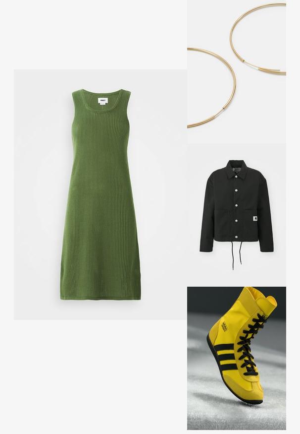 Melnā apgrieztā jakā, kas izgatavota no izturīga auduma. Tam ir klasiskā apkakle, sudraba kniedes, divas priekšējās kabatas un regulējams savelkamo apakšmalu.; Adīti bez piedurknēm kleita olīvzaļā krāsā ar ribotu tekstūru, ar apaļu dekoltē un sānu šķēlumiem ērtākai kustībai.; Augstās tenisa kurpes, kas izgatavotas no dzeltena sintētiska materiāla, ar melnām šņorēm, trim melnām svītrām un zīmolu uz sāniem. Tekstūrota gumijas zole.; Zelta krāsas auskari gredzena formā, plāni un apaļi, ar gludu metāla apdari un bez rotājumiem vai zīmējumiem.