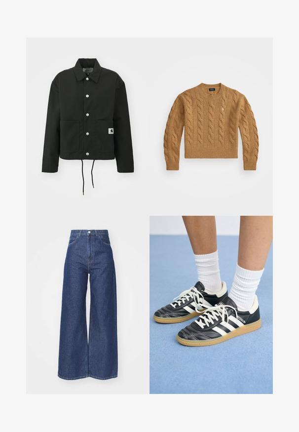 Crna skraćena jakna od izdržljivog materijala. Ima klasični ovratnik, srebrne dugmadi s kopčama, dva prednja džepa i podesivu vezicu na rubu.; Smeđi džemper s pletenim uzorkom, okruglog izreza, s rebrastim manžetama i donjim rubom, koji sadrži mali logo na prsima, izrađen od teksturirane tkanine.; Sirove traperice od tamnoplavog denima. Visoki struk s patentnim zatvaračem i gumbom. Ima klasičan stil s pet džepova i obrubljenim rubovima.; Crne kožne atletike s bijelim trakama, okruglim prstima, bijelim vezicama i gumeni potplat. Naglašene jastučićem oko gležnja i detaljima s brandingom.