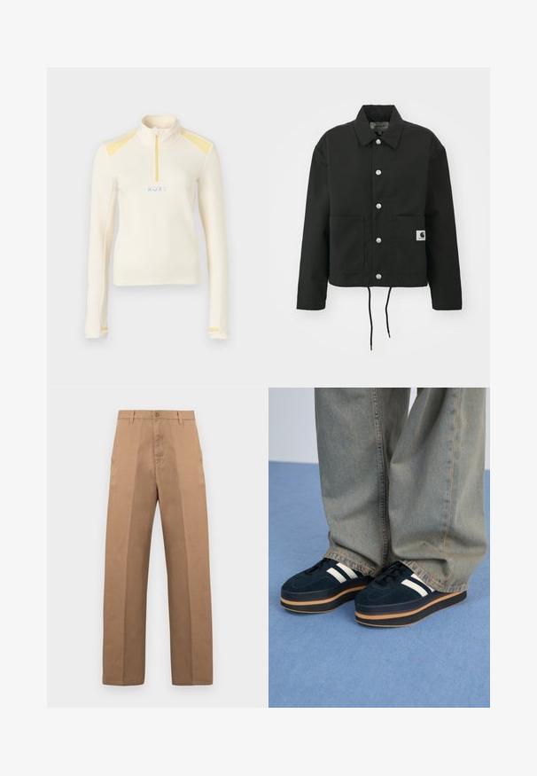 Black cropped jacket made of durable fabric. Features a classic collar, silver snap buttons, two front pockets, and adjustable drawstring hem.; White long-sleeve pullover with a high collar, yellow accents on the shoulders, and small zipper. Features the "ROXY" logo in blue.; Brown cotton trousers with a straight leg design, featuring a button closure, belt loops, and minimal seams for a clean look.; Dark blue suede platform sneakers with white stripes and black laces. Features a thick brown rubber sole. Worn with light blue denim pants.