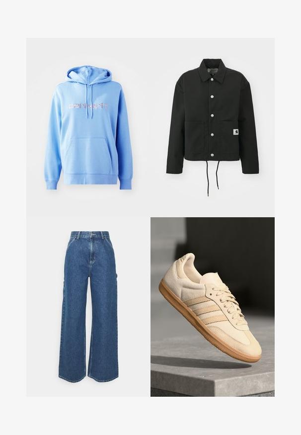 Svart, kort jakke laget av slitesterkt stoff. Har en klassisk krage, sølvfargede trykknapper, to framlommer og justerbar snor i nederkant.; Lyseblå hettegenser laget av myk stoff, med en frontlomme, justerbar hette og brodert "carhartt." logo i rosa.; Videbeinete blå denimbukser med høy midje, kontraststing, og sidelommer, med et klassisk fem-lommers design og rå kanter.; Lys beige suedette sneakers med gummisåle, tre diagonale striper og en teksturert tåhette. Har logo på tungen og siden.