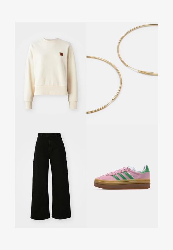 Black cropped jacket made of durable fabric. Features a classic collar, silver snap buttons, two front pockets, and adjustable drawstring hem.; Light cream sweatshirt with ribbed cuff and hem. Features a square brown brand patch on the front left chest area. Soft material, relaxed fit.; Black wide-leg cargo pants made of denim, featuring a high waist, front button closure, and side pockets. Smooth texture with minimal stitching.; Pink suede sneakers with green stripes, white accents, and a brown rubber sole. Features textured fabric and logo detailing on the side.; Gold-colored hoop earrings, thin and round in shape, with a smooth metallic finish and no embellishments or patterns.