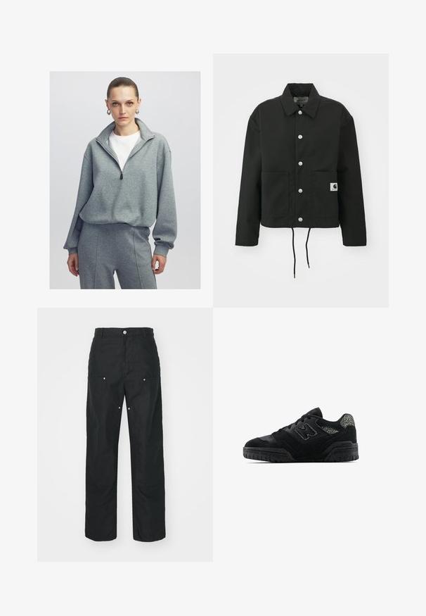 Schwarz gekürzte Jacke aus strapazierfähigem Stoff. Mit klassischem Kragen, silbernen Druckknöpfen, zwei Fronttaschen und verstellbarem Kordelzug am Saum.; Grauer Zip-Hoodie aus weichem Stoff, mit lockerer Passform, überschrittenen Schultern und gerippten Bündchen für zusätzliche Textur.; Schwarze Hose mit geradem Bein, aus einem strukturierten Stoff. Verfügt über dekorative silberne Hardware und einzigartige Nahtdetails.; Schwarze Low-Top-Sneaker mit strukturiertem Sohlen, Schnürdesign, Wildlederpaneelen und gemusterten Akzenten an der Ferse sowie am Seitenlogo.