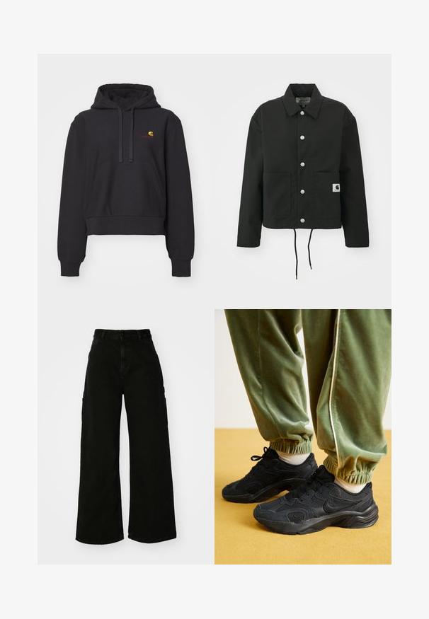 Veste noire coupée en tissu durable. Comprend un col classique, des boutons-pression argentés, deux poches avant et un ourlet avec cordon de serrage réglable.; Hoodie noir court en tissu doux, avec une poche kangourou, une capuche à cordon de serrage et un logo brodé en jaune et rouge.; Pantalons cargo larges noirs en denim, avec taille haute, fermeture à bouton sur le devant et poches latérales. Texture lisse avec des coutures minimales.; Baskets de sport noires avec des empiècements en mesh et en synthétique, semelle texturée, associées à un pantalon de jogging vert avec des poignets élastiques, sur une surface jaune.