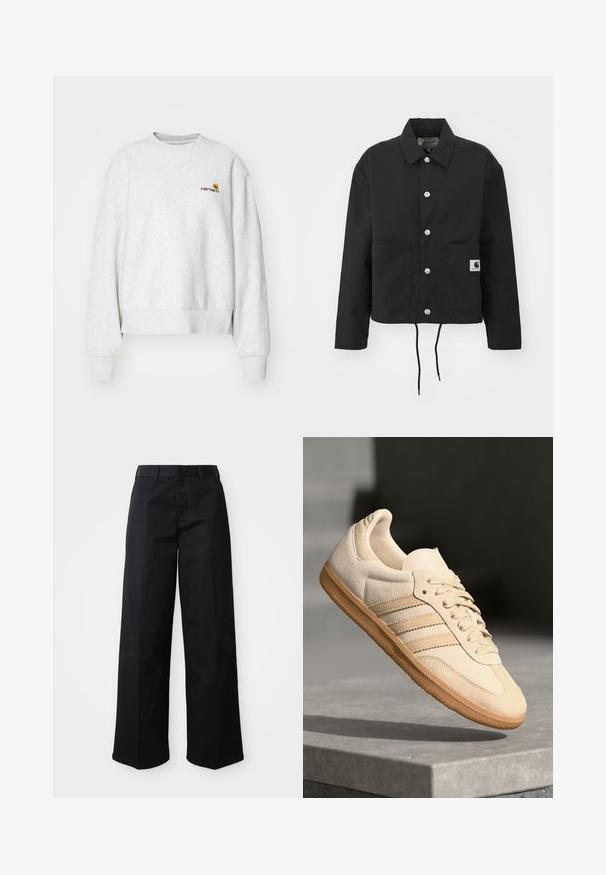 Schwarz gekürzte Jacke aus strapazierfähigem Stoff. Mit klassischem Kragen, silbernen Druckknöpfen, zwei Fronttaschen und verstellbarem Kordelzug am Saum.; Grauer Rundhalsausschnitt-Pullover aus weichem Material mit gerippten Bündchen und Saum; mit gesticktem Logo auf der Brust in Gelb und Kastanienbraun.; Schwarze, weit geschnittene Hose aus weichem Baumwollstoff. Verfügt über einen klassischen Bund, seitliche Taschen und einen geraden Schnitt bis zum Saum.; Helle beigetöne Wildledersneaker mit Gumminsohle, drei schrägen Streifen und einer strukturierten Zehenkappe. Mit Logo auf der Zunge und der Seite.