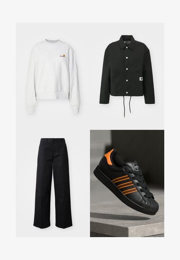 Chaqueta corta negra hecha de tela resistente. Presenta un collar clásico, botones a presión plateados, dos bolsillos frontales y un dobladillo ajustable con cordón.; Sudadera gris de cuello redondo en una tela suave con puños y dobladillo de punto; presenta un logo bordado en el pecho en amarillo y burdeos.; Pantalones de pierna ancha negros, hechos de suave tejido de algodón. Presentan una cinturilla clásica, bolsillos laterales y un corte recto hasta el dobladillo.; Zapatilla negra con acentos naranjas, tres franjas horizontales, parte superior de cuero texturizado, punta de goma y cordones negros.