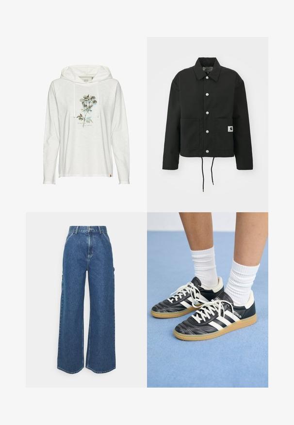 Zwarte cropped jas gemaakt van duurzaam materiaal. Heeft een klassieke kraag, zilveren drukknoopsluitingen, twee voorzakken en een verstelbare trekkoordzoom.; Witte hoodie met lange mouwen en een trekkoord, met een bloemmotief in gedempte blauwe en groene tinten en de tekst "Empowered by Nature."; Brede blauwe denim broeken met een hoge taille, contrasterende stiksels en zijzakken, uitgerust met een klassieke vijf-pocket stijl en ongewerkte naden.; Zwarte leren sneakers met witte strepen, ronde neus, witte veters en een gumrubberen zool. Versterkt met een gevoerd kraag en merkdetails.