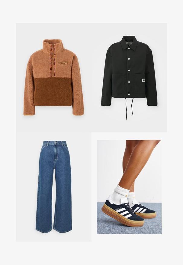 Chaqueta corta negra hecha de tela resistente. Presenta un collar clásico, botones a presión plateados, dos bolsillos frontales y un dobladillo ajustable con cordón.; Sudadera polar marrón con cuello alto, con cierre de cremallera y ribete multicolor con estampado. Logo bordado en el pecho.; Pantalones vaqueros de pierna ancha en azul con cintura alta, costuras en contraste y bolsillos laterales, que cuentan con un diseño clásico de cinco bolsillos y dobladillos sin rematar.; Zapatillas deportivas de gamuza negra con rayas y detalles blancos, puntera redondeada, suela de goma color caramelo, combinadas con calcetines blancos acanalados a la altura del tobillo.