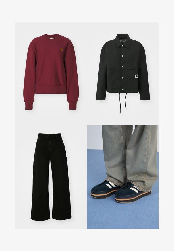 Giacca nera cropped realizzata in tessuto resistente. Presenta un colletto classico, bottoni automatici argentati, due tasche frontali e orlo regolabile con coulisse.; Carhartt WIP AMERICAN SCRIPT - Felpa - malbec; Pantaloni cargo neri a gamba larga in denim, con vita alta, chiusura frontale con bottone e tasche laterali. Texture liscia con cuciture minime.; Sneakers platform in suede blu scuro con strisce bianche e lacci neri. Presentano una spessa suola in gomma marrone. Indossati con pantaloni di jeans azzurri.