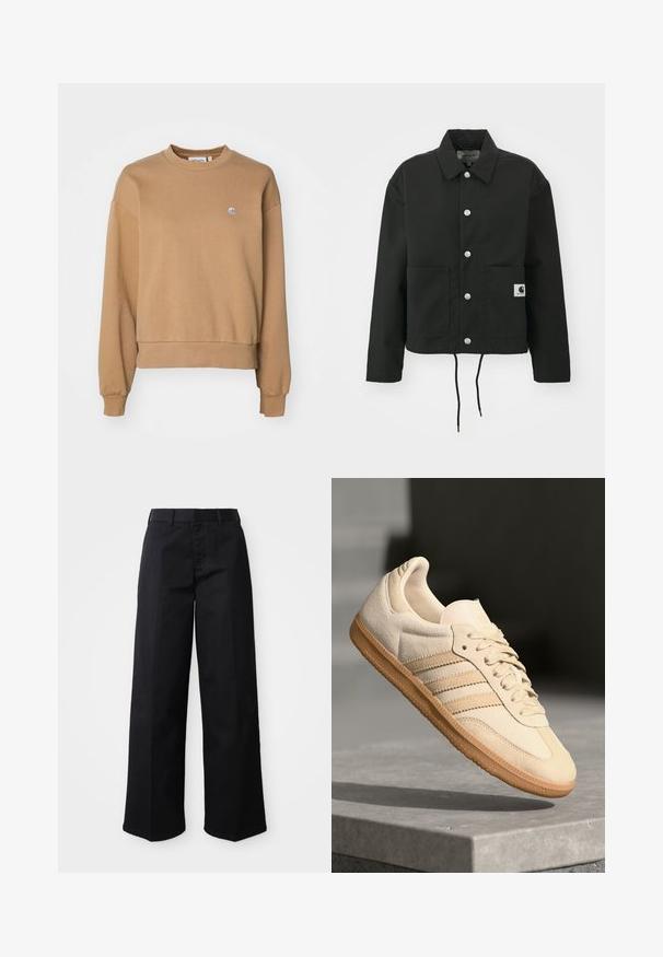 Giacca nera cropped realizzata in tessuto resistente. Presenta un colletto classico, bottoni automatici argentati, due tasche frontali e orlo regolabile con coulisse.; Carhartt WIP CASEY - Felpa - peanut/silver; Pantaloni neri a gamba larga realizzati in morbido cotone. Presentano una vita classica, tasche laterali e una linea dritta fino all'orlo.; Sneaker in suede beige chiaro con suola in gomma, tre strisce diagonali e punta con texture. Presenta il logo sulla linguetta e sul lato.