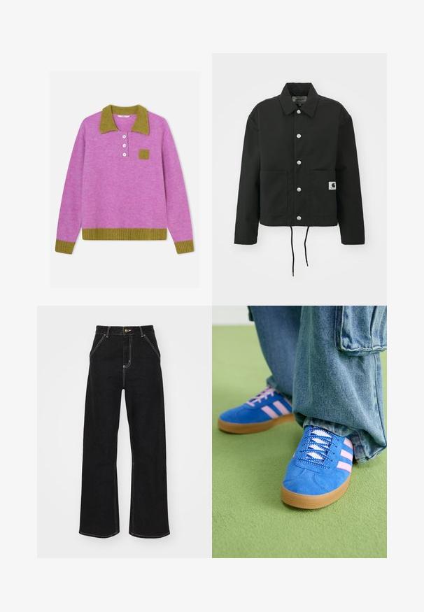 Veste noire coupée en tissu durable. Comprend un col classique, des boutons-pression argentés, deux poches avant et un ourlet avec cordon de serrage réglable.; Pull en laine rose avec un col côtelé vert, une patte de boutonnage à trois boutons et une petite poche carrée en tissu vert assorti. Ourlet côtelé.; Jean large noir en denim, avec des coutures blanches contrastantes et une fermeture à bouton à l'avant, ainsi que deux poches avant en biais.; Des chaussures en daim bleu avec des rayures roses et des lacets blancs, dotées d'une semelle en caoutchouc gomme, assorties à un pantalon en denim ample sur une surface verte.