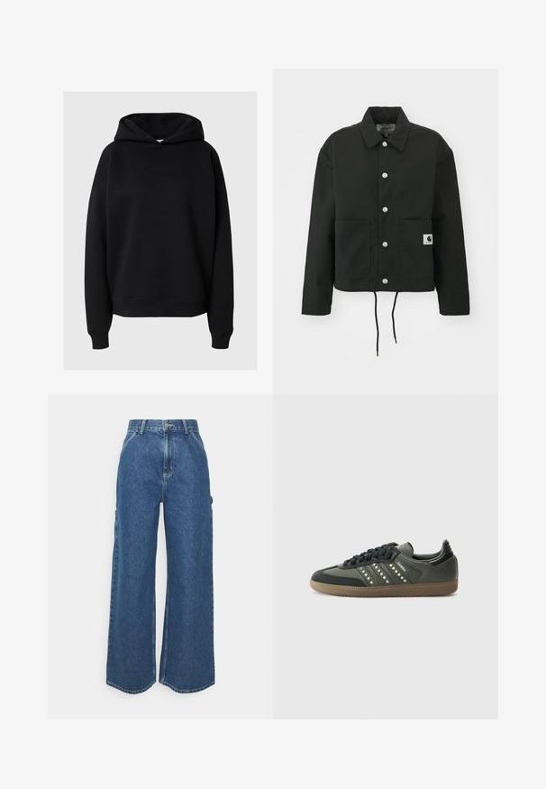 Černá zkrácená bunda vyrobená z odolné tkaniny. Obsahuje klasický límec, stříbrné cvoky, dvě přední kapsy a nastavitelné stahování v dolní části.; Černá mikina s kapucí z měkké látky, která má volný střih, žebrované manžety a jemný detail loga na přední straně.; Široké modré džíny s vysokým pasem, kontrastním šitím a postranními kapsami, které mají klasický design s pěti kapsami a rozstřižené lemy.; adidas Originals SAMBA OG - Tenisky - core black/legend earth/gum