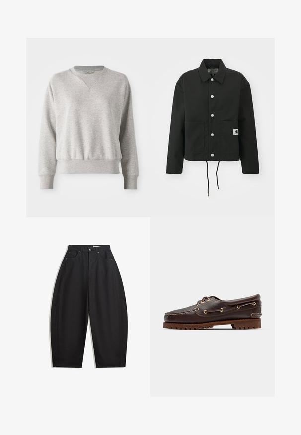 Czarna krótka kurtka wykonana z trwałego materiału. Posiada klasyczny kołnierz, srebrne napy, dwie kieszenie z przodu oraz regulowany dół ze sznurkiem.; Jasnoszara bluza z okrągłym dekoltem i prążkowanymi wykończeniami. Charakteryzuje się luźnym krojem oraz delikatną prążkowaną teksturą na mankietach i w pasie.; Czarne spodnie szerokie w nogawkach wykonane z bawełny, z wysokim stanem, pięcioma kieszeniami i metalowym zapięciem. Gładka tekstura i brak widocznych wzorów.; Brązowe skórzane buty w stylu boat shoe z złotymi oczkami, okrągłymi sznurowadłami oraz teksturowaną brązową gumową podeszwą. Zawierają przeszycia i wypukłe logo.