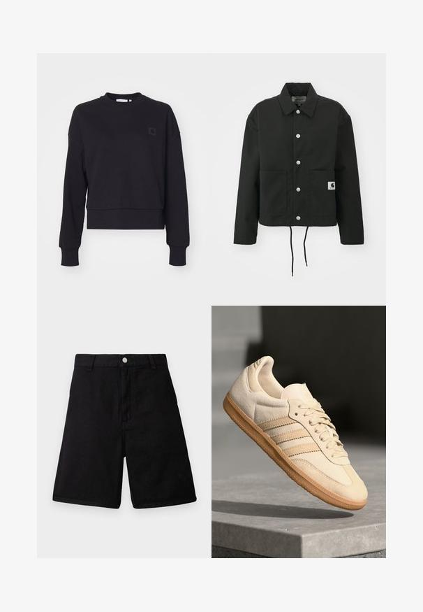 Jachetă neagră scurtă, fabricată dintr-un material durabil. Prezintă un guler clasic, nasturi cu clipsuri argintii, două buzunare frontale și un tiv ajustabil cu șnur.; Hanorac scurt negre cu mâneci lungi, gât rotund și manșete ribbate. Prezintă un mic patch cu logo negru pe partea stângă a pieptului. Textură moale.; Shorts negri dintr-un material durabil, cu un design drept, buzunare frontale, fermoar la brâu și un sistem de închidere cu nasture metalic.; Sneaker din suède bej deschis, cu talpă din cauciuc, trei dungi diagonale și o capacă texturată pentru degete. Prezintă logo pe limbă și pe lateral.