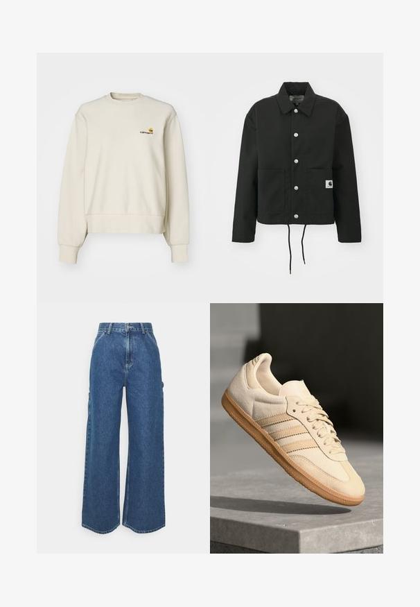 Veste noire coupée en tissu durable. Comprend un col classique, des boutons-pression argentés, deux poches avant et un ourlet avec cordon de serrage réglable.; Sweatshirt couleur crème en tissu doux, doté d'un col rond, de poignets côtelés et d'un petit logo brodé sur la poitrine.; Pantalons en denim bleu à jambes larges avec taille haute, couture contrastée et poches latérales, présentant un design classique à cinq poches et des ourlets bruts.; Sneaker en suède beige clair avec semelle en gomme, trois rayures diagonales et un capuchon de pied texturé. Logo sur la languette et sur le côté.