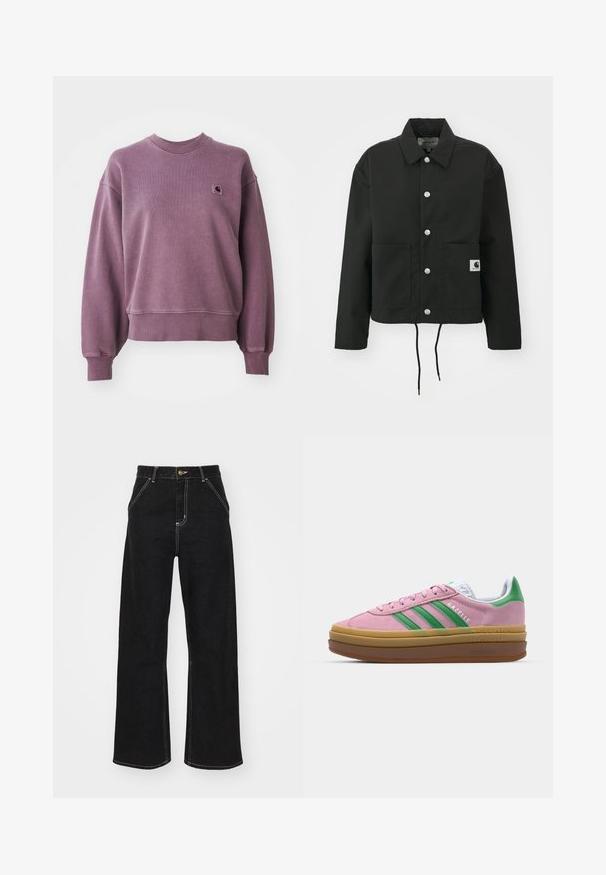 Must must ümber lõikega must jakk, mis on valmistatud vastupidavast kangast. Omab klassikalist kraed, hõbedasi tõmblukke, kahte esist taskut ja reguleeritavat nööriga hemmi.; Lilla crewneck-sviiter ribitud varrukate ja äärisega, millel on väikene ruudukujuline Carhartt'i logo tempel vasakul rinnal.; Must must särk lõdva lõikega. Omab ümmargust kaelust ja lühikesi varrukaid. Rinnal on väike kuldne tikandiga logo.; Mustmustest mustadest denimist, millel on kontrastsed valged õmblused ja esine nupp, kahe nurga all asuva esipocketiga.; Roosa nahast tossud roheliste triipude, valgete aktsentide ja pruuni kummitaldiga. Omavad tekstuuriga kangast ja logo detaile külgedel.