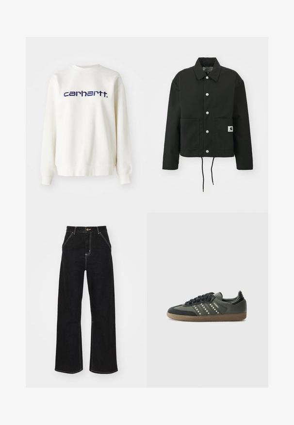 Zwarte cropped jas gemaakt van duurzaam materiaal. Heeft een klassieke kraag, zilveren drukknoopsluitingen, twee voorzakken en een verstelbare trekkoordzoom.; Witte katoenen sweatshirt met lange mouwen en geribde manchetten, met daarop het "carhartt" logo in marineblauw over de borst.; Zwarte wijde jeans van denim, met contrasterende witte stiksels en een sluiting met knoop aan de voorkant, voorzien van twee schuin geplaatste zakken aan de voorkant.; adidas Originals SAMBA OG - Sneakers laag - core black/legend earth/gum