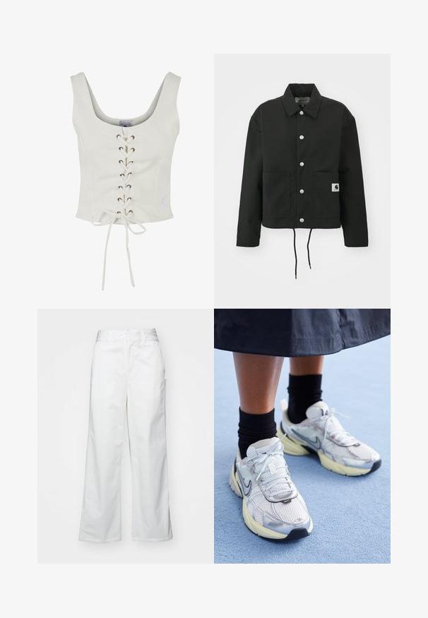 Must must ümber lõikega must jakk, mis on valmistatud vastupidavast kangast. Omab klassikalist kraed, hõbedasi tõmblukke, kahte esist taskut ja reguleeritavat nööriga hemmi.; Valge lühikeste varrukate ja laia rihmaga lühike topp, millel on paeltega esiosa pruunide silmadega ja seotav vöödetail. Pehme kangas ja minimalistik disain.; Valged laiad püksid, mis on valmistatud puuvillast, omavad siledat tekstuuri, sirget lõiget, eesmine taskud ja puhtad äärised.; Valged ja hõbedased Nike tennisajalatsid, millel on võrgukangas, peegeldavad detailid ja beež tald. Kantud mustade sokkidega, seisab sinisel pinnal.