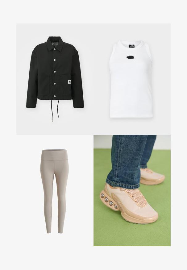 Veste noire coupée en tissu durable. Comprend un col classique, des boutons-pression argentés, deux poches avant et un ourlet avec cordon de serrage réglable.; Débardeur sans manches blanc en tissu côtelé, avec un petit logo noir au centre. L'encolure est ronde et au design classique.; Leggings beiges en tissu extensible, avec une taille haute et une texture lisse, sans motifs visibles ni détails en métal.; Des chaussures de sport beige clair présentent un dessus en mesh, une semelle en caoutchouc et des accents arrondis avec des détails métalliques. Portées avec un jean bleu sur une surface verte.