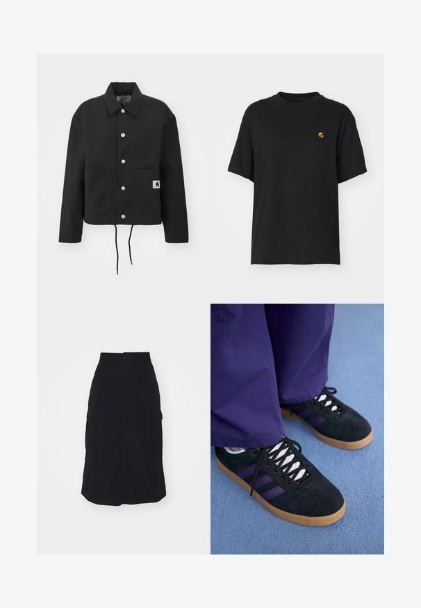 Giacca nera cropped realizzata in tessuto resistente. Presenta un colletto classico, bottoni automatici argentati, due tasche frontali e orlo regolabile con coulisse.; T-shirt in cotone nero con una vestibilità rilassata. Presenta un collo rotondo e maniche corte. Include un piccolo logo ricamato in oro sul petto.; Gonna midi nera con vita elastica, chiusura frontale a bottoni e due tasche cargo laterali. Tessuto liscio con taglio dritto.; Sneaker nere in suede con strisce viola, lacci bianchi e suola in gomma. Indossate con pantaloni larghi viola, su uno sfondo blu.