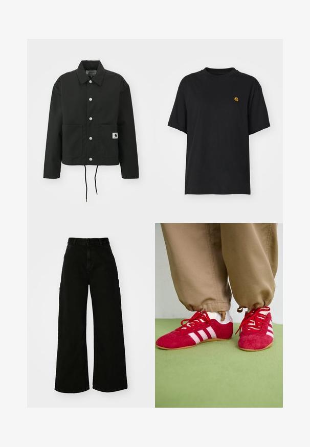 Must must ümber lõikega must jakk, mis on valmistatud vastupidavast kangast. Omab klassikalist kraed, hõbedasi tõmblukke, kahte esist taskut ja reguleeritavat nööriga hemmi.; Must must särk lõdva lõikega. Omab ümmargust kaelust ja lühikesi varrukaid. Rinnal on väike kuldne tikandiga logo.; Must musta laiad jõhkrad püksid, mis on valmistatud denimist, kõrge vöökoha, esise nupu sulgemise ja küljetaskutega. Sile tekstuur minimaalse õmblusega.; Punane sametist spordijalatsid valgete triipudega, lame kummist tallaga ja punaste paeltega. Kanda beezide pükstega, asetatud rohelisele pinnale.
