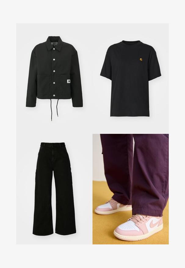 Fekete, vágott fazonú dzseki tartós anyagból. Klasszikus gallérral, ezüst színű patentgombokkal, két elülső zsebbel és állítható, húzózsinóros hemmel rendelkezik.; Fekete pamut póló laza szabással. Kerek nyakkal és rövid ujjakkal rendelkezik. A mellkason egy kis arany hímzett logó található.; Fekete, bő szárú cargo nadrág, denim anyagból, magas derékkal, elülső gombos záródással és oldalsó zsebekkel. Sima textúra minimális varrással.; Jordan AIR JORDAN 1 LOW - Sportcipő - white/pink oxford/sail