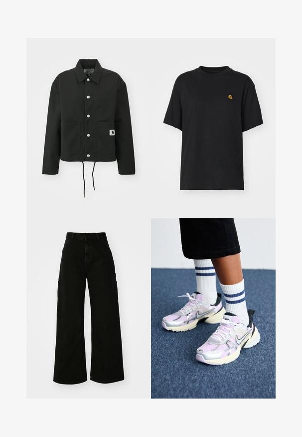 Giacca nera cropped realizzata in tessuto resistente. Presenta un colletto classico, bottoni automatici argentati, due tasche frontali e orlo regolabile con coulisse.; T-shirt in cotone nero con una vestibilità rilassata. Presenta un collo rotondo e maniche corte. Include un piccolo logo ricamato in oro sul petto.; Pantaloni cargo neri a gamba larga in denim, con vita alta, chiusura frontale con bottone e tasche laterali. Texture liscia con cuciture minime.; Sneakers Nike con una tomaia in rete color lavanda, dettagli argentati e neri, e una suola in crema spessa. Abbinati a calzini bianchi con strisce blu.