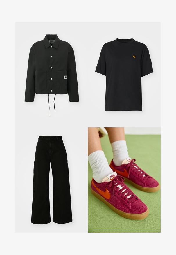 Casaco cropped preto feito de tecido durável. Apresenta um colarinho clássico, botões de pressão prateados, dois bolsos frontais e bainha ajustável com cordão.; T-shirt de algodão preto com um corte descontraído. Apresenta um decote redondo e mangas curtas. Inclui um pequeno logotipo bordado a dourado no peito.; Calças cargo largas pretas feitas de denim, com cintura alta, fecho frontal com botão e bolsos laterais. Textura suave com costura mínima.; Sapatilhas Nike em tecido bordô com swoosh laranja, apresentando uma língua creme e atacadores brancos; sola de borracha com acabamento texturizado.