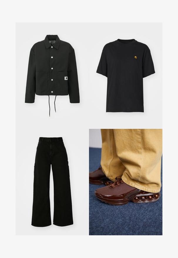 Schwarz gekürzte Jacke aus strapazierfähigem Stoff. Mit klassischem Kragen, silbernen Druckknöpfen, zwei Fronttaschen und verstellbarem Kordelzug am Saum.; Schwarzes Baumwoll-T-Shirt mit lockerer Passform. Hat einen Rundhalsausschnitt und kurze Ärmel. Enthält ein kleines, goldfarben gesticktes Logo auf der Brust.; Schwarze weite Cargo-Jeans mit hohem Bund, Frontknopfverschluss und Seitentaschen. Glatte Textur mit minimaler Naht.; Braune Sneakers mit einer strukturierten Oberfläche, glänzenden Akzenten und runden Blasendetails an der Sohle, kombiniert mit hellgelben Hosen.