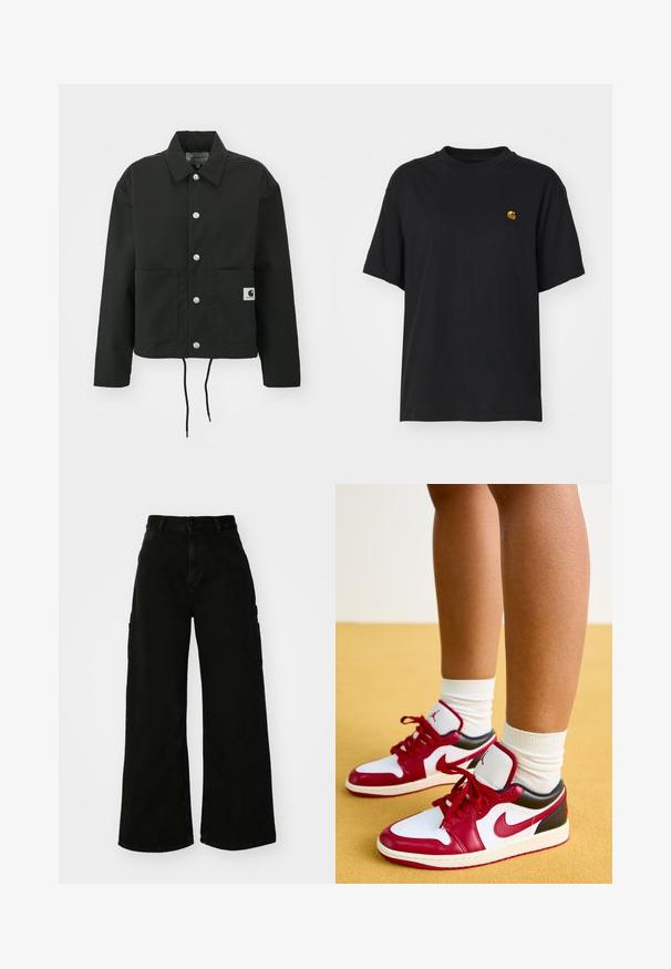 Fekete, vágott fazonú dzseki tartós anyagból. Klasszikus gallérral, ezüst színű patentgombokkal, két elülső zsebbel és állítható, húzózsinóros hemmel rendelkezik.; Fekete pamut póló laza szabással. Kerek nyakkal és rövid ujjakkal rendelkezik. A mellkason egy kis arany hímzett logó található.; Fekete, bő szárú cargo nadrág, denim anyagból, magas derékkal, elülső gombos záródással és oldalsó zsebekkel. Sima textúra minimális varrással.; Jordan AIR JORDAN 1 LOW - Sportcipő - white/gym red/black/sail