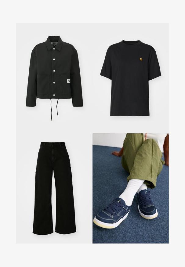 Čierna krátka bunda vyrobená z odolnej tkaniny. Obsahuje klasický golier, strieborné cvoky, dve predné vrecká a nastaviteľný šnúrkový lem.; Čierne bavlnené tričko s voľným strihom. Má okrúhly výstrih a krátke rukávy. Obsahuje malé zlaté vyšívané logo na hrudi.; Čierne cargo nohavice s širokými nohavicami vyrobené z denimu, so zvýšeným pásom, predným zapínaním na gombík a bočnými vreckami. Hladký povrch s minimálnym šitím.; Osoba v zelených nohaviciach, bielych ponožkách do polovice lýtok a námorníckych modrých teniskách s bielymi podrážkami sedí na tmavomodrej koberčovej podlahe.