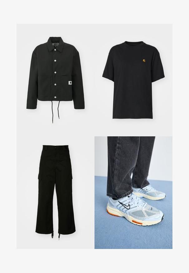 Melnā apgrieztā jakā, kas izgatavota no izturīga auduma. Tam ir klasiskā apkakle, sudraba kniedes, divas priekšējās kabatas un regulējams savelkamo apakšmalu.; Melnas kokvilnas T-krekls ar brīvu piegriezumu. Iezīmē apaļu kakla un īsām piedurknēm. Iekļauts neliels zelta izšūts logo krūšu daļā.; Melnas kokvilnas cargos bikses ar platām kājām, sānu kabatām un ar auklām regulējamām apakšmalām. Dizains ietver pogu aizdari jostasvietā.; Gai zilgani Nike sporta apavi ar sietveida detaļām, melnām akcentiem un redzamu oranžu Nike Air logotipu uz zoles; kopā ar tumši pelēkiem džinsiem.