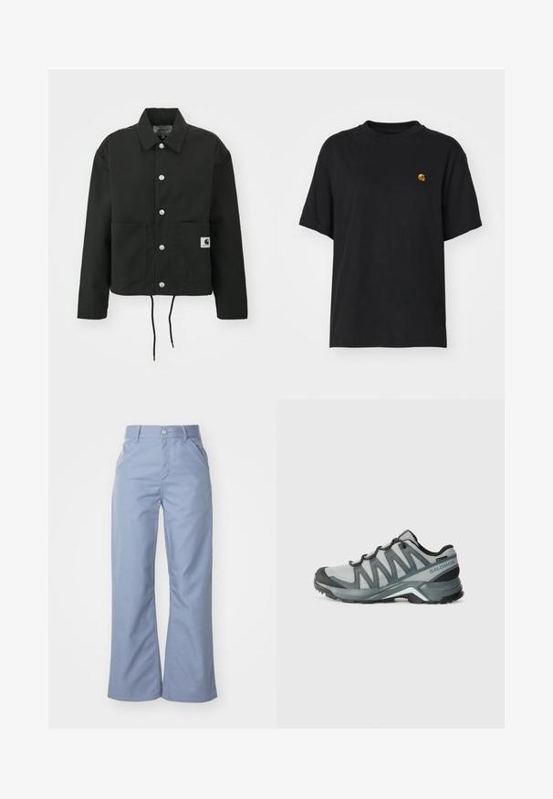 Fekete, vágott fazonú dzseki tartós anyagból. Klasszikus gallérral, ezüst színű patentgombokkal, két elülső zsebbel és állítható, húzózsinóros hemmel rendelkezik.; Fekete pamut póló laza szabással. Kerek nyakkal és rövid ujjakkal rendelkezik. A mellkason egy kis arany hímzett logó található.; Fénykék, bőszárú nadrág sima pamut keverék anyagból, elülső zsebekkel és gombos derékzárral.; Könnyű túrázó cipők szürke hálóból, sötét részletekkel. Texturált talppal és párnázott sarokkal rendelkezik a kényelem és a tapadás érdekében.