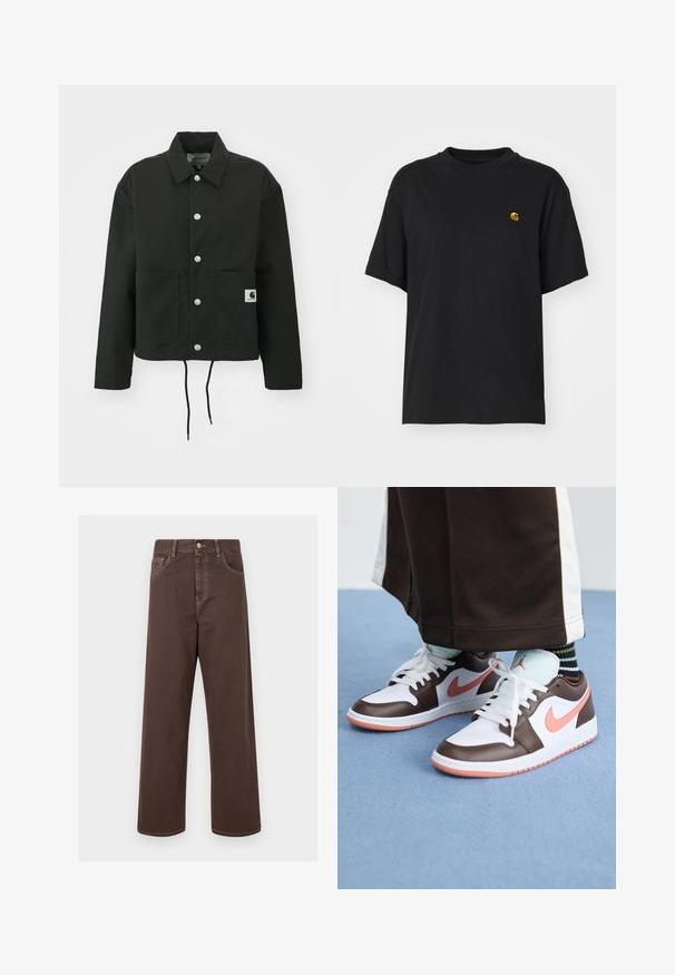 Svart, kort jakke laget av slitesterkt stoff. Har en klassisk krage, sølvfargede trykknapper, to framlommer og justerbar snor i nederkant.; Svart bomulls t-skjorte med løs passform. Har rund hals og korte ermer. Inkluderer en liten gullbrodert logo på brystet.; Brune vide ben bukser i denim med kontrasterende syninger, fem lommer og metalknaplukning. Glat tekstur, lige snit.; Hvite og brune Nike Air Jordan-sneakers med rosa detaljer, med lavt design, hvite snører og en teksturert gummisåle.