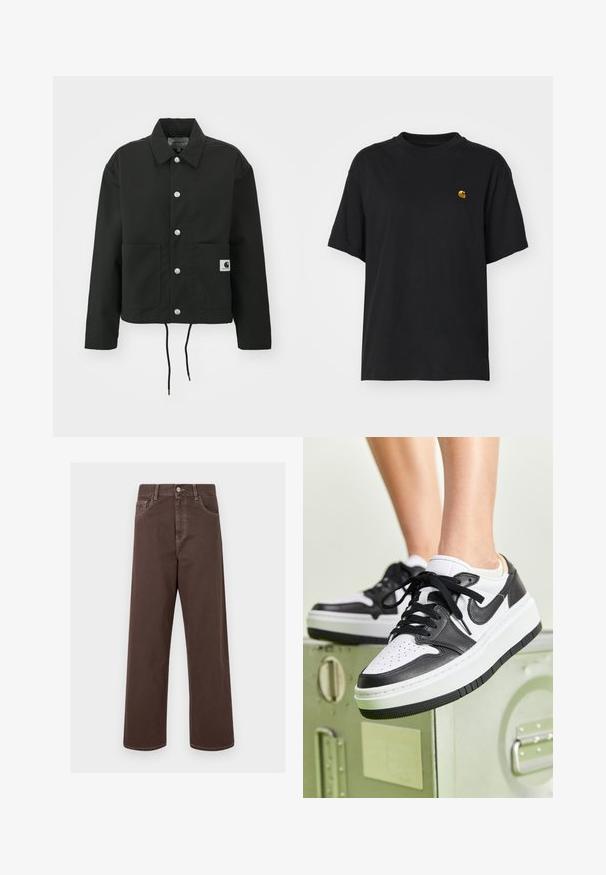 Schwarz gekürzte Jacke aus strapazierfähigem Stoff. Mit klassischem Kragen, silbernen Druckknöpfen, zwei Fronttaschen und verstellbarem Kordelzug am Saum.; Schwarzes Baumwoll-T-Shirt mit lockerer Passform. Hat einen Rundhalsausschnitt und kurze Ärmel. Enthält ein kleines, goldfarben gesticktes Logo auf der Brust.; Braune weit geschnittene Jeanshose mit kontrastierenden Nähten, fünf Taschen und einer metallenen Knopfverschlus. Glatte Textur, gerader Schnitt.; Schwarze und weiße Leder Sneakers mit durchlöchertem Zehenbereich, flachen schwarzen Schnürsenkeln und weißer Zwischensohle über einer strukturierten schwarzen Gummisohle.