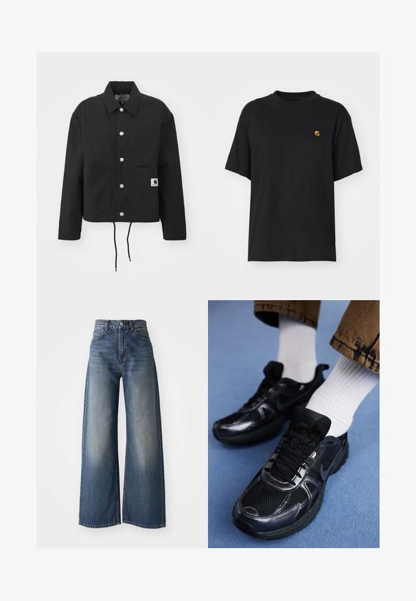 Čierna krátka bunda vyrobená z odolnej tkaniny. Obsahuje klasický golier, strieborné cvoky, dve predné vrecká a nastaviteľný šnúrkový lem.; Čierne bavlnené tričko s voľným strihom. Má okrúhly výstrih a krátke rukávy. Obsahuje malé zlaté vyšívané logo na hrudi.; Modré džíny s vysokým pásom a širokými nohavicami, s predným zapínaním na gombíky a vreckami, so svetlým vypálením na stehnách a rovným lemom.; Čierne športové tenisky Nike majú sieťovanú vrchnú časť s lesklými akcentmi, čiernymi šnúrkami a textúrovanou podrážkou. S kombinovanými bielymi rebrovými ponožkami.