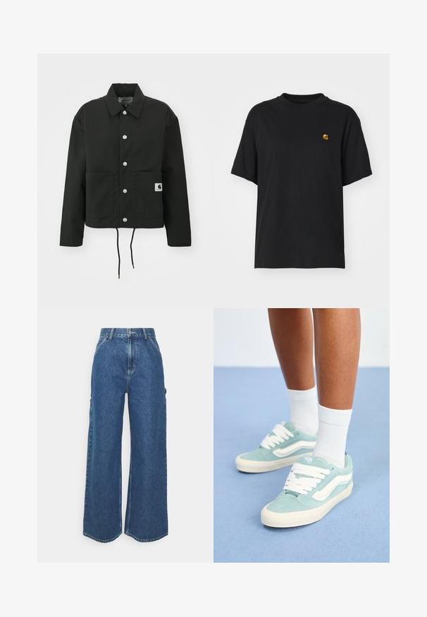 Must must ümber lõikega must jakk, mis on valmistatud vastupidavast kangast. Omab klassikalist kraed, hõbedasi tõmblukke, kahte esist taskut ja reguleeritavat nööriga hemmi.; Must must särk lõdva lõikega. Omab ümmargust kaelust ja lühikesi varrukaid. Rinnal on väike kuldne tikandiga logo.; Laiene jalad sinised denim püksid kõrge vöökohaga, kontrastsete õmblustega ja küljetaskutega, klassikalise viie taskuga disainiga ja toore servaga.; Heledad sinine seemisneede suvised valgete aksentide ja kingapaeladega. Ümar nina ja tekstureeritud pealispind. Kantud valgete pahkluu sokkidega sinisel pinnal.