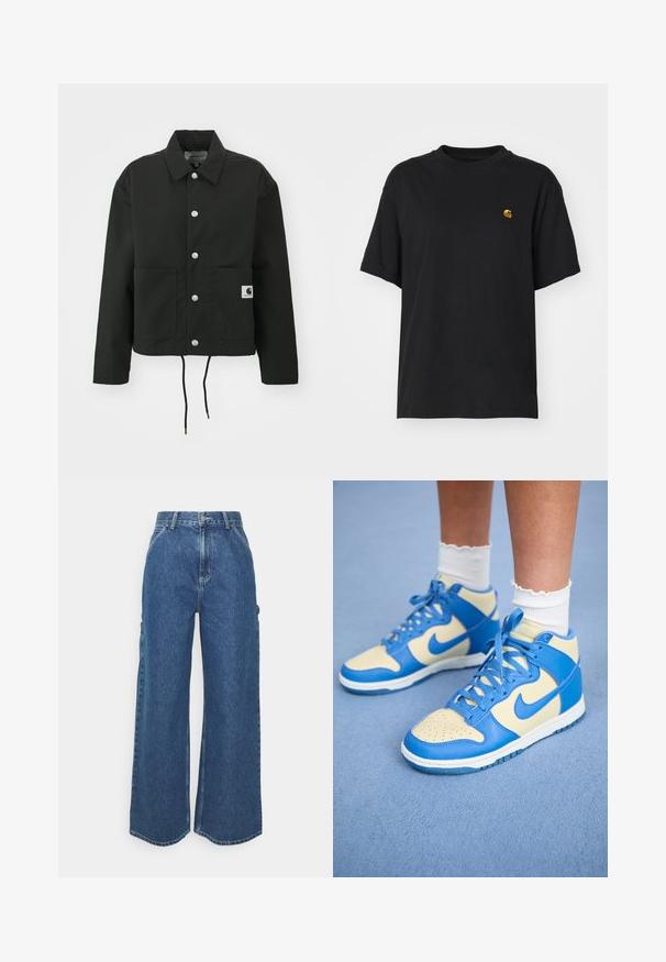 Μαύρο κοντό τζάκετ κατασκευασμένο από ανθεκτικό ύφασμα. Διαθέτει κλασικό γιακά, ασημί κουμπιά σναπ, δύο μπροστινές τσέπες και προσαρμόσιμο κορδόνι στο τελείωμα.; Μαύρη βαμβακερή μπλούζα T-shirt με χαλαρή εφαρμογή. Διαθέτει στρογγυλή λαιμόκοψη και κοντά μανίκια. Περιλαμβάνει ένα μικρό χρυσό κεντημένο λογότυπο στο στήθος.; Πολυάριθμοι μπλε τζιν παντελόνες με φαρδιά πόδια και ψηλή μέση, αντίθετη ραφή και πλαϊνές τσέπες, με κλασικό σχέδιο πέντε τσεπών και ακατέργαστο τελείωμα.; Μπλε και κρέμες ψηλές αθλητικές κάλτσες με τρυπητό μπροστινό μέρος, αντίθετο σήμα swoosh και υφή δέρματος στην επάνω πλευρά. Ολοκληρώνονται με φωτεινές μπλε κορδόνες.