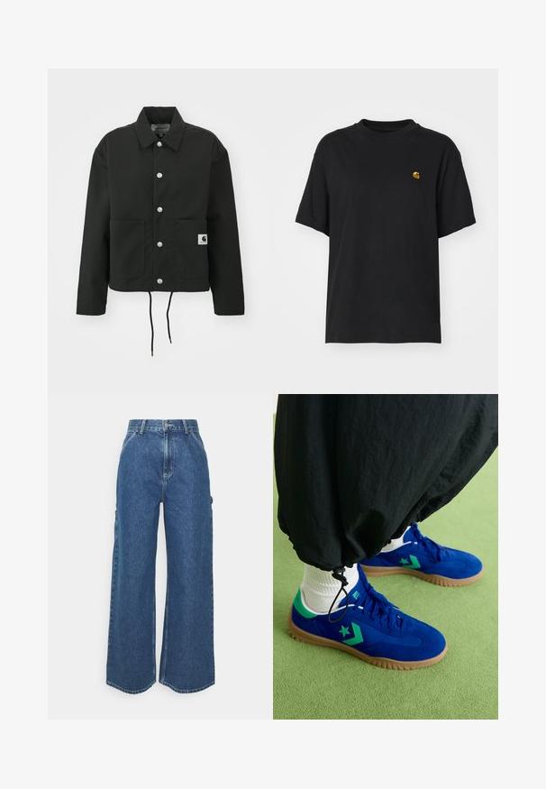 Casaco cropped preto feito de tecido durável. Apresenta um colarinho clássico, botões de pressão prateados, dois bolsos frontais e bainha ajustável com cordão.; T-shirt de algodão preto com um corte descontraído. Apresenta um decote redondo e mangas curtas. Inclui um pequeno logotipo bordado a dourado no peito.; Calças de ganga azuis de perna larga com cintura alta, costuras em contraste e bolsos laterais, apresentando um design clássico de cinco bolsos e bainhas desfiadas.; Converse RUN STAR TRAINER - Sapatilhas - blue/apex green/egret