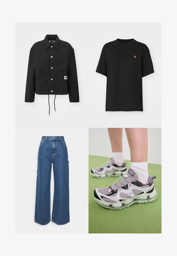 Veste noire coupée en tissu durable. Comprend un col classique, des boutons-pression argentés, deux poches avant et un ourlet avec cordon de serrage réglable.; T-shirt en coton noir à coupe décontractée. Présente un col rond et des manches courtes. Comprend un petit logo doré brodé sur la poitrine.; Pantalons en denim bleu à jambes larges avec taille haute, couture contrastée et poches latérales, présentant un design classique à cinq poches et des ourlets bruts.; Baskets de sport GORE-TEX violet clair avec une tige en maille texturée, des accents noirs et une semelle sculptée. Comprend des lacets élastiques et un col rembourré.