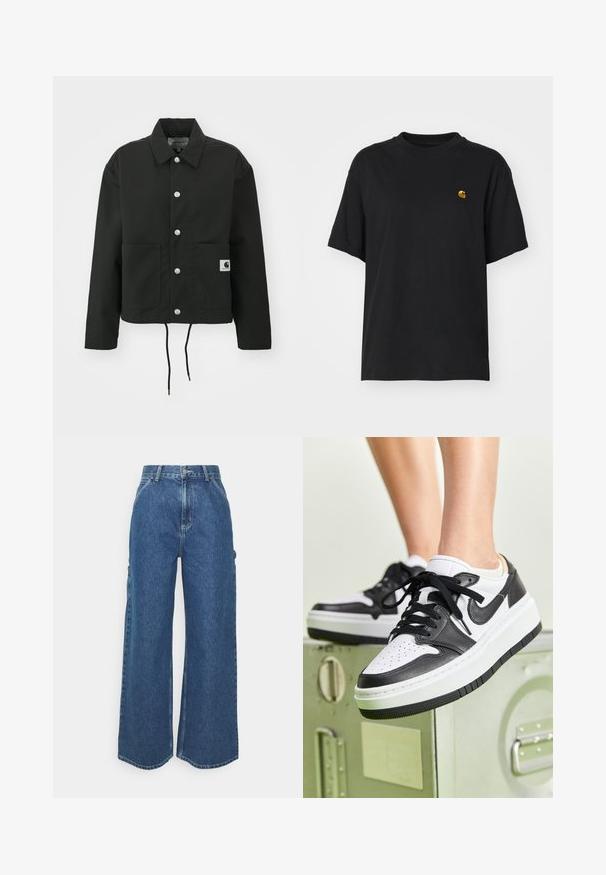 Fekete, vágott fazonú dzseki tartós anyagból. Klasszikus gallérral, ezüst színű patentgombokkal, két elülső zsebbel és állítható, húzózsinóros hemmel rendelkezik.; Fekete pamut póló laza szabással. Kerek nyakkal és rövid ujjakkal rendelkezik. A mellkason egy kis arany hímzett logó található.; Széles szárú, kék farmernadrág magas derékkal, kontrasztos varrással és oldalsó zsebekkel, klasszikus öt zsebes kialakítással és nyers szegéllyel.; Fekete-fehér bőr sportcipők perforált orrésszel, lapos fekete fűzőkkel és fehér középtalppal, amely texturált fekete gumitalpra van helyezve.