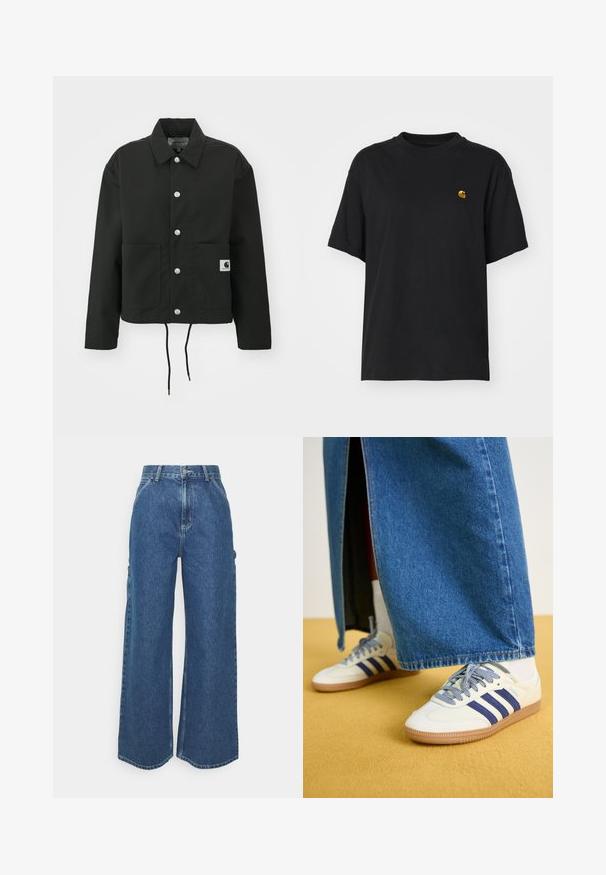 Svart kort jacka i slitstarkt tyg. Har en klassisk krage, silverfärgade tryckknappar, två framfickor och justerbar dragsko i fållen.; Svart bomullströja med en avslappnad passform. Har rund hals och korta ärmar. Inkluderar en liten guld broderad logotyp på bröstet.; Breda ljusblå denimbyxor med hög midja, kontrasterande sömmar och sidofickor, som har en klassisk femficksdesign och råa kanter.; adidas Originals SAMBA OG - Sneakers - off-white/dark blue/clear sky