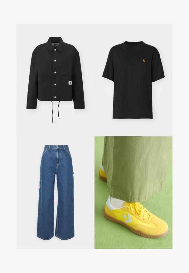 Crna skraćena jakna od izdržljivog materijala. Ima klasični ovratnik, srebrne dugmadi s kopčama, dva prednja džepa i podesivu vezicu na rubu.; Crna pamučna majica s opuštenim krojem. Ima okrugli izrez i kratke rukave. Sadrži mali zlatni izvezeni logo na prsima.; Široke plave traperice s visokim strukom, kontrastnim šavovima i bočnim džepovima, s klasičnim dizajnom s pet džepova i sirovim rubovima.; Converse RUN STAR TRAINER - Tenisice - golden wren/winter slay/egret