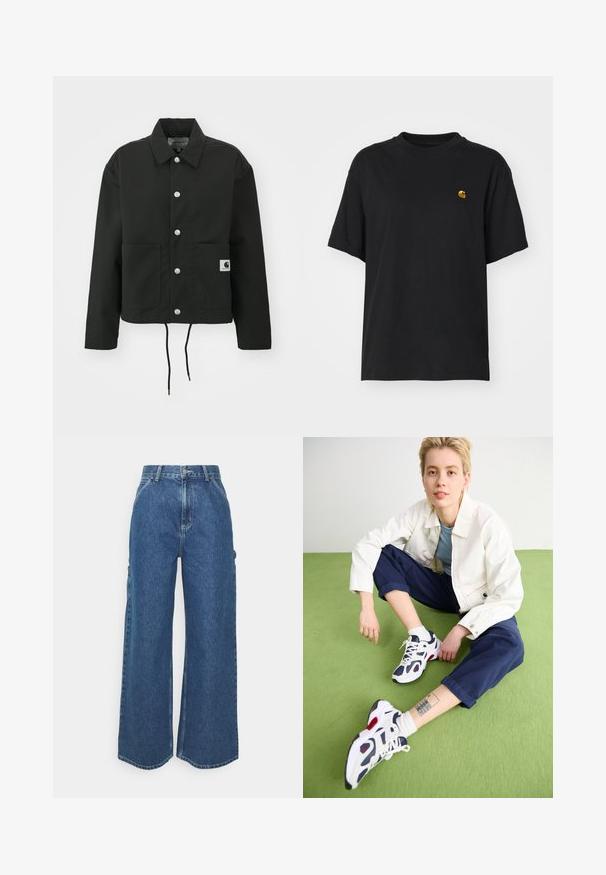 Casaco cropped preto feito de tecido durável. Apresenta um colarinho clássico, botões de pressão prateados, dois bolsos frontais e bainha ajustável com cordão.; T-shirt de algodão preto com um corte descontraído. Apresenta um decote redondo e mangas curtas. Inclui um pequeno logotipo bordado a dourado no peito.; Calças de ganga azuis de perna larga com cintura alta, costuras em contraste e bolsos laterais, apresentando um design clássico de cinco bolsos e bainhas desfiadas.; Sapatilhas brancas com detalhes em azul-marinho e vermelho, combinadas com calças cropped azul-marinho e uma jaqueta branca sobre uma superfície verde.