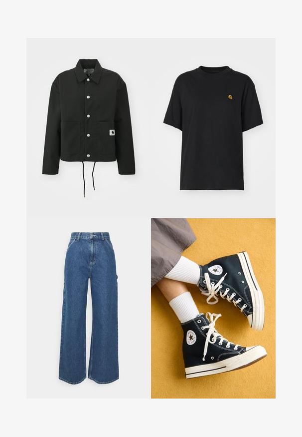 Casaco cropped preto feito de tecido durável. Apresenta um colarinho clássico, botões de pressão prateados, dois bolsos frontais e bainha ajustável com cordão.; T-shirt de algodão preto com um corte descontraído. Apresenta um decote redondo e mangas curtas. Inclui um pequeno logotipo bordado a dourado no peito.; Calças de ganga azuis de perna larga com cintura alta, costuras em contraste e bolsos laterais, apresentando um design clássico de cinco bolsos e bainhas desfiadas.; Ténis de cano alto em lona pretos com atacadores brancos e solas de borracha, apresentando um logotipo redondo da Converse All Star no lado externo.